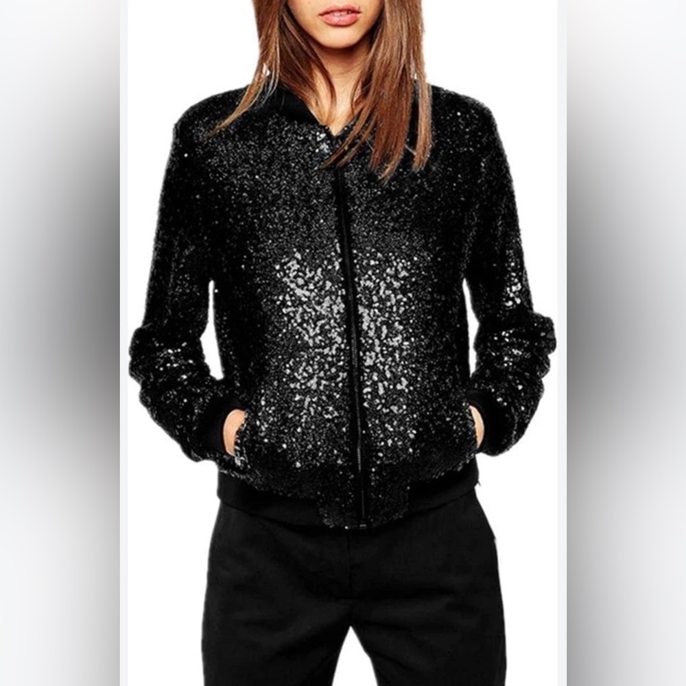 L&B Lucky & Blessed Black Sequin Bomber Jacket NWT 2X